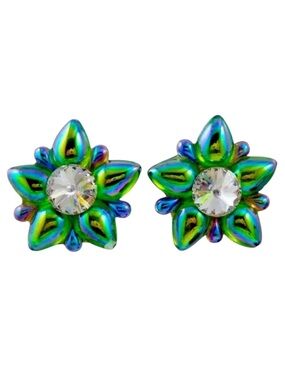 Vintage Flower AB Oil Slick Rivioli Flower Rhinestone Clip On Earrings